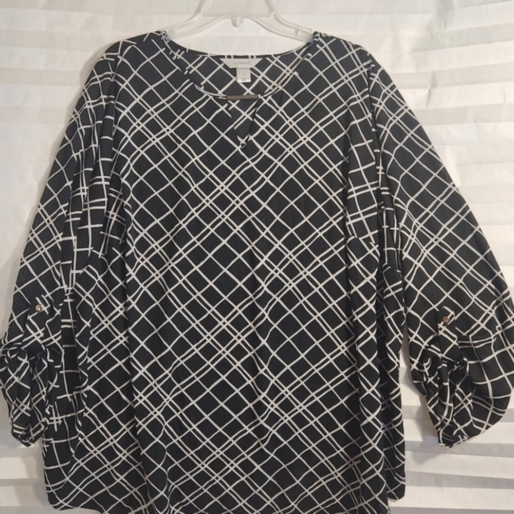 CJ Banks Unlined Sheer Black & White‎ Geometric Print 2X Blouse Top 3/4 Sleeve